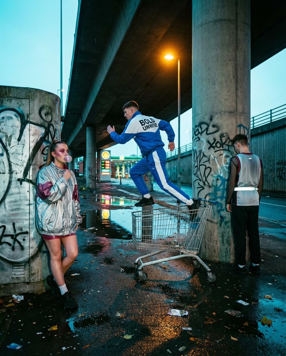 A young man leaps into a shopping trolley under a motorway flyover, two others nearby, a petrol station behind.