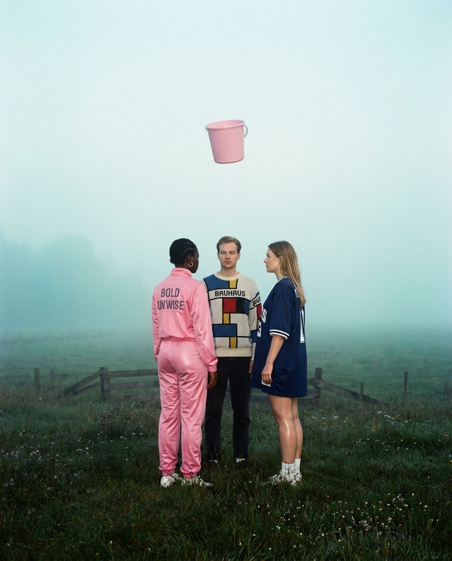 Three figures stand in a foggy pasture, a pink bucket hanging above them.