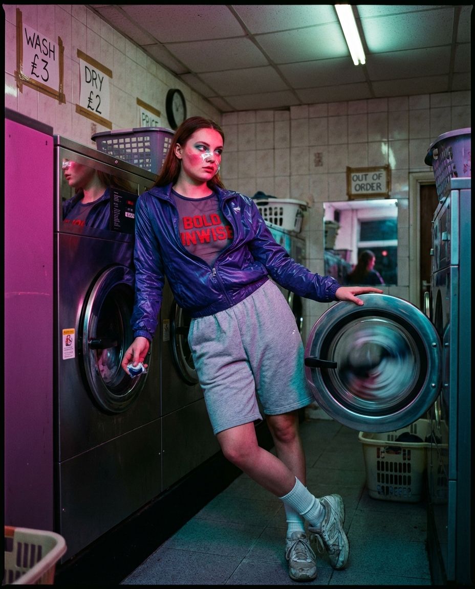 A woman leans against a washing machine in a laundromat at night.