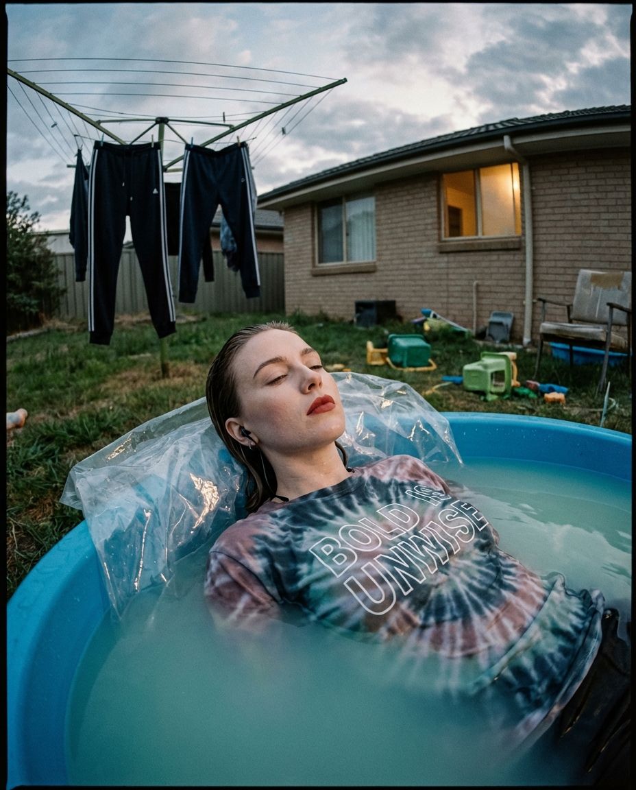 A woman lies in a kiddie pool in a suburban backyard at dusk, eyes closed.