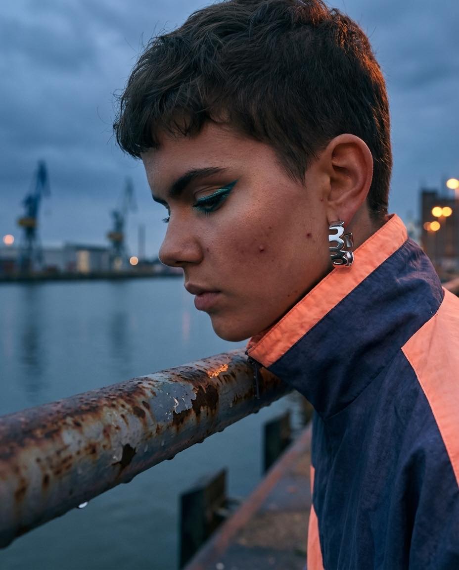 Close profile of a young woman leaning on a rusted harbor rail at blue hour.
