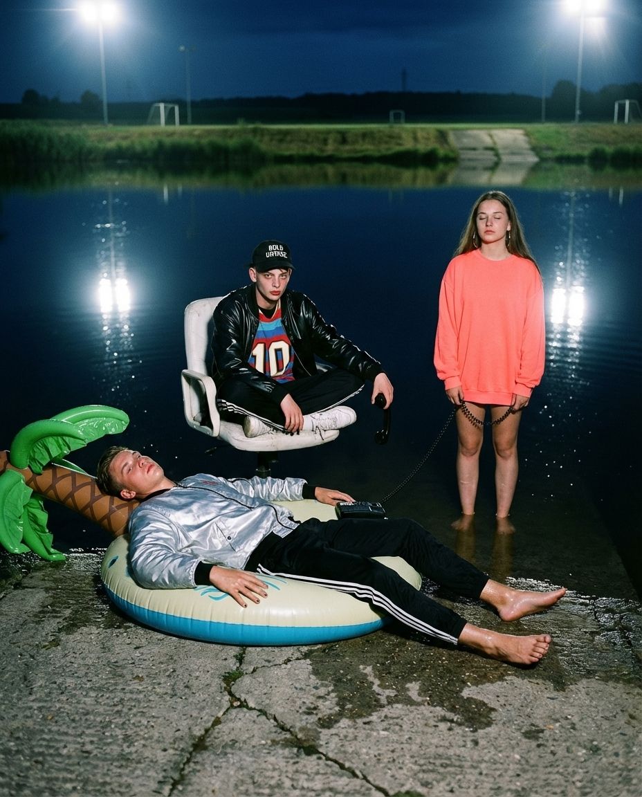 Three young people with a corded telephone at a floodlit pond at night.