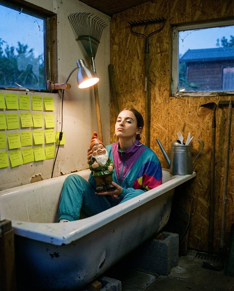 A woman sits in a dry bathtub in a garden shed, holding a garden gnome.