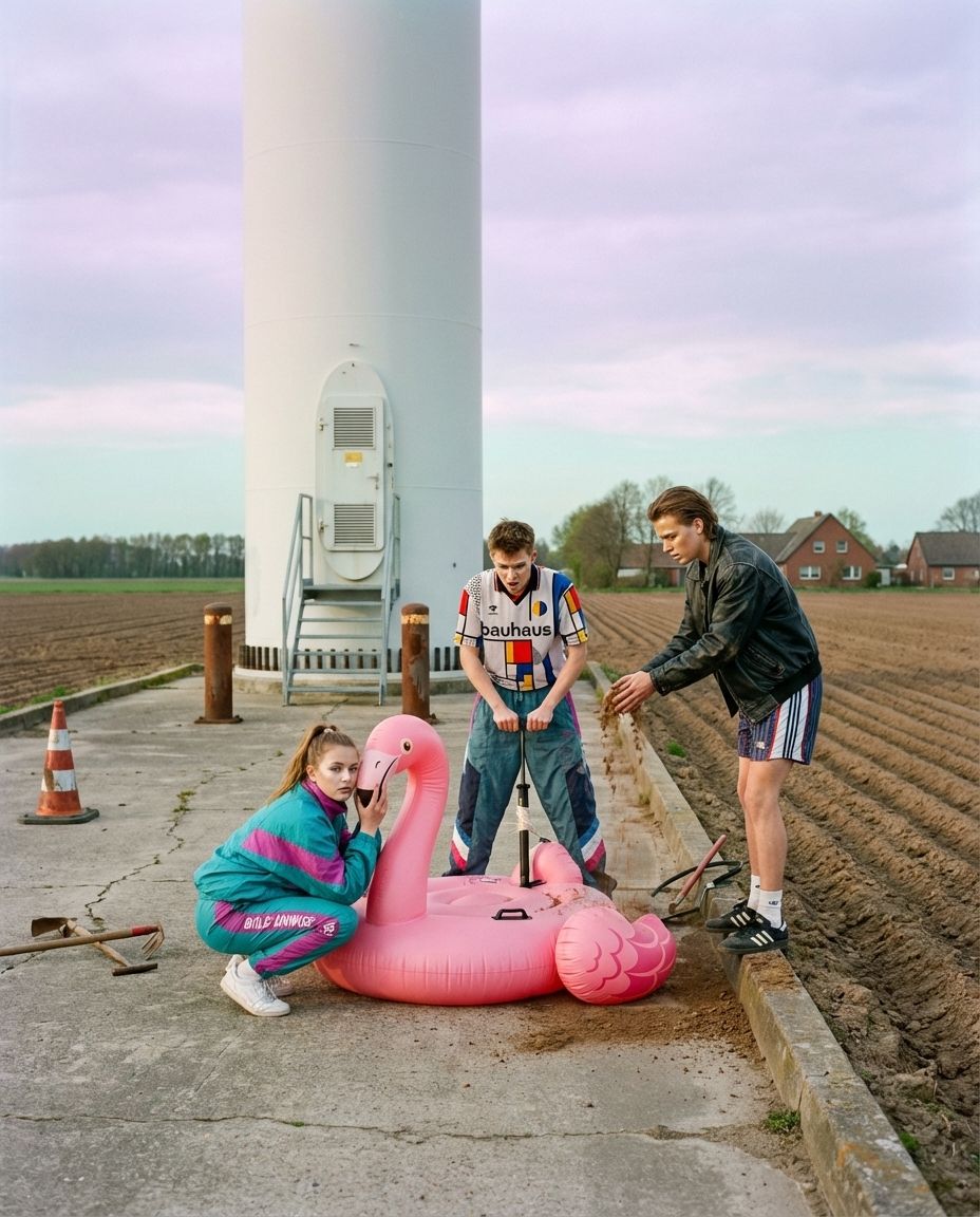 Three people inflate a large pink flamingo at the foot of a wind turbine.