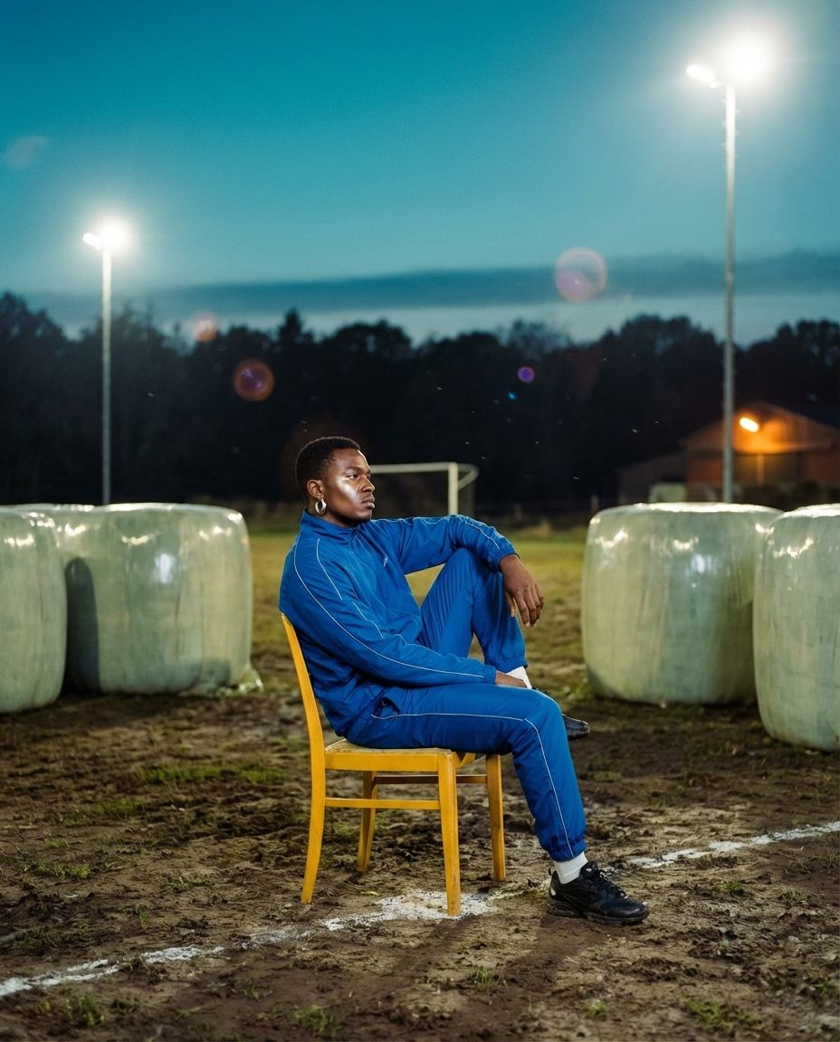 A man sits on a wooden chair between wrapped silage bales on a floodlit pitch at dusk.
