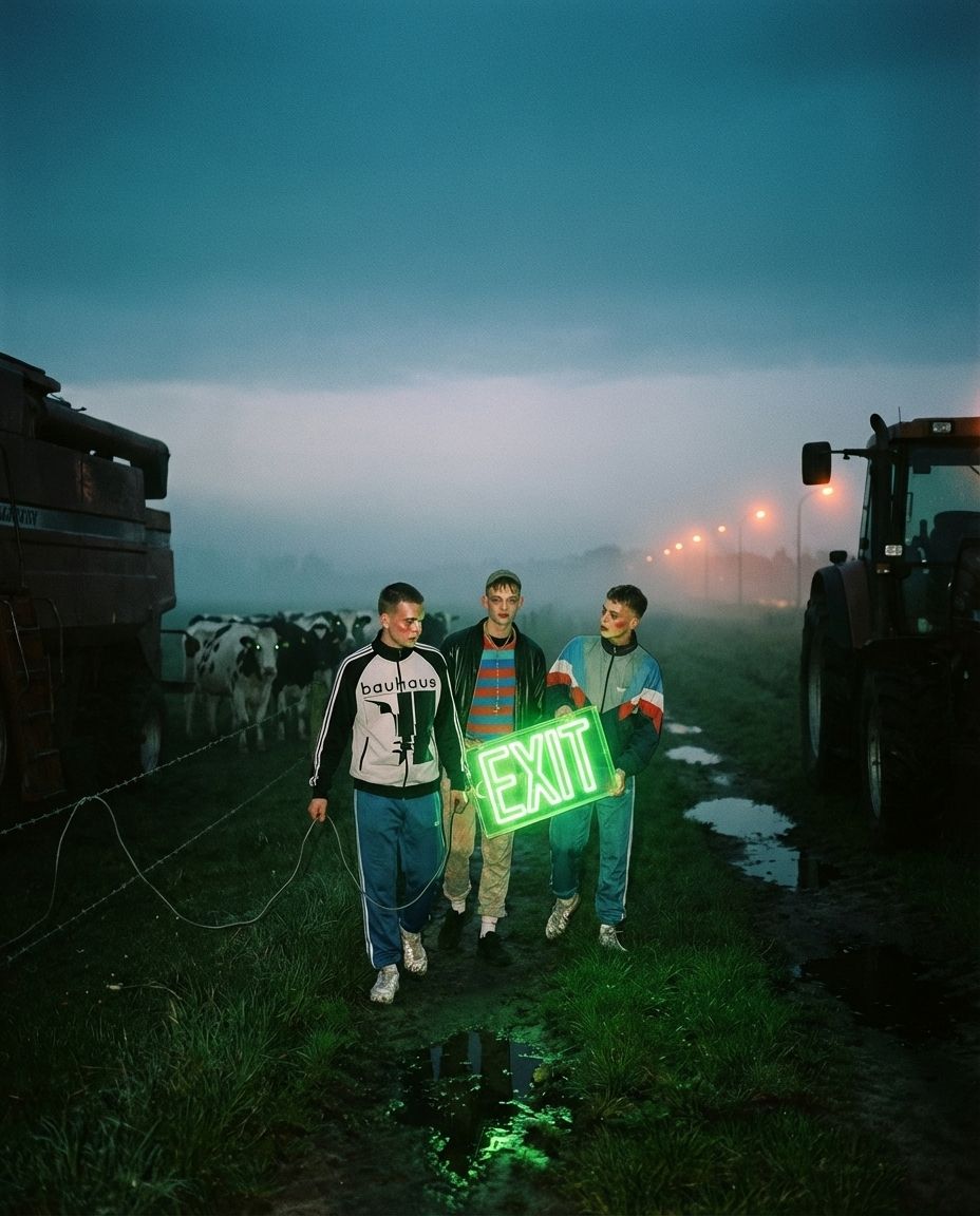Three young men carry a glowing green EXIT sign along a farm track at dusk.