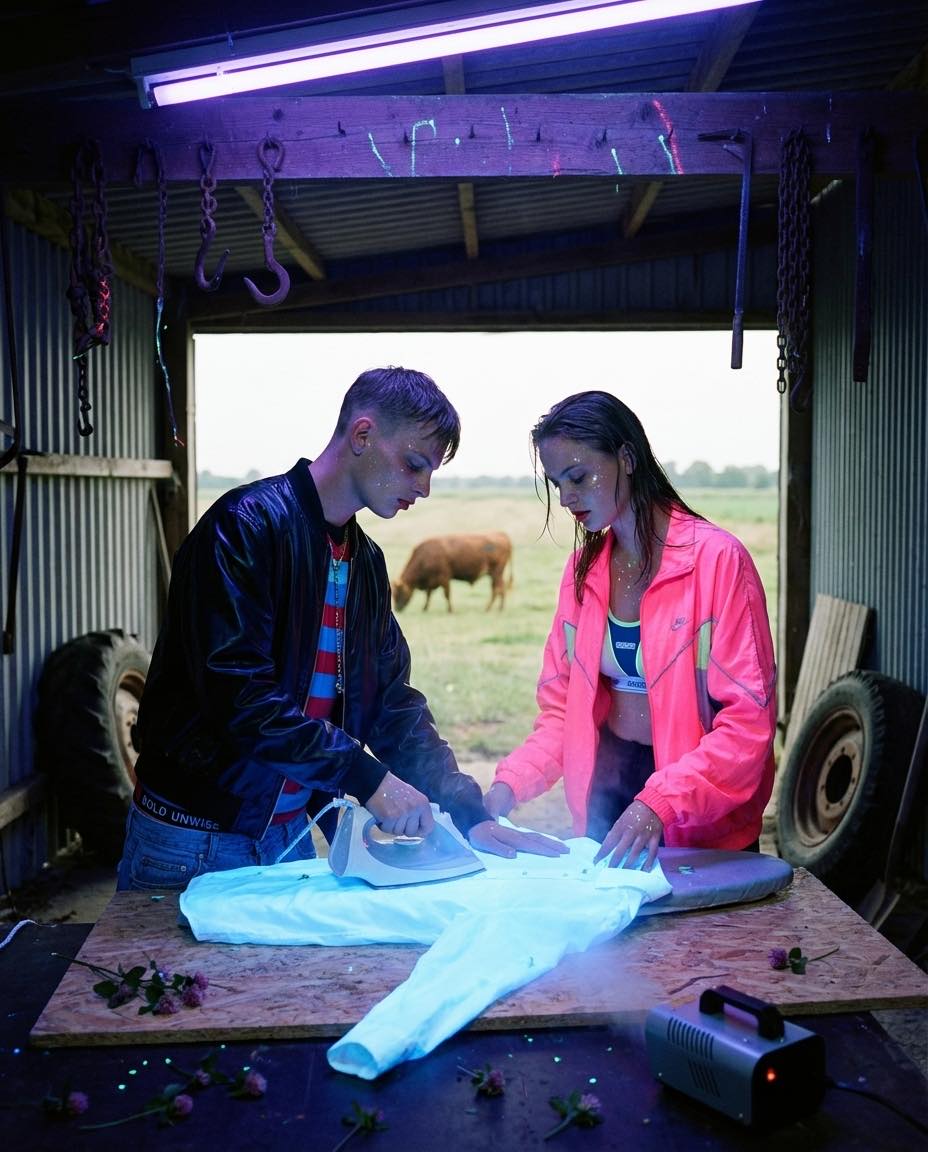 A young couple iron a white shirt in a barn, a cow in the pasture beyond the doorway.