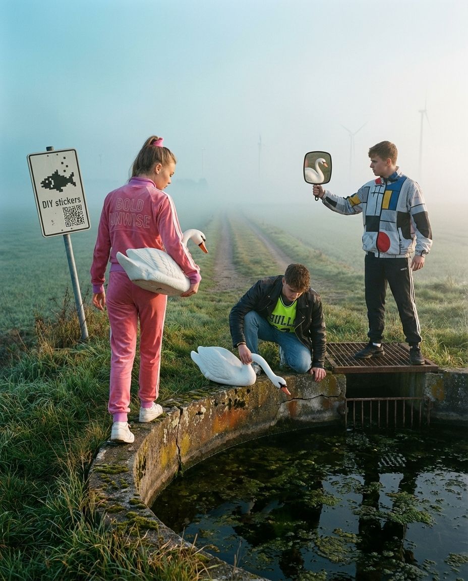 Three young people place plastic swans at a round concrete basin in morning fog.
