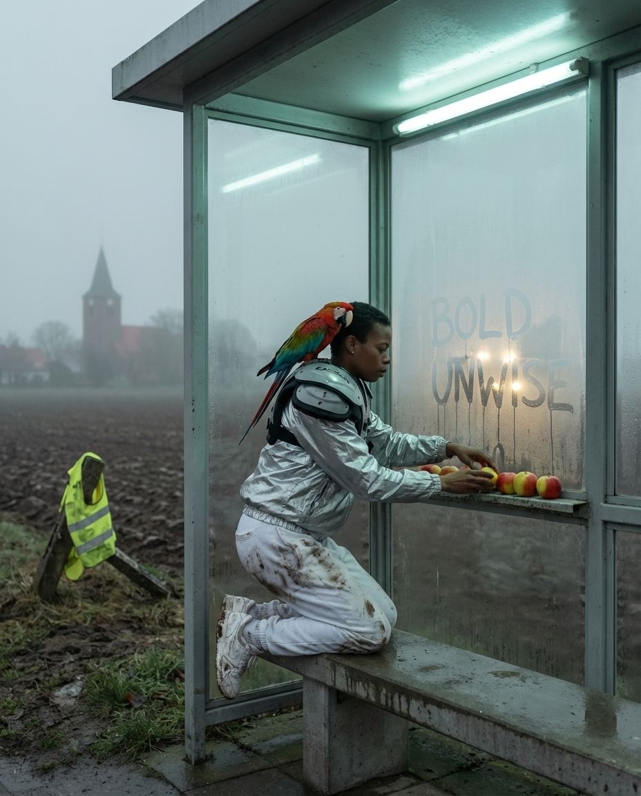 A woman with a parrot on her shoulder arranges apples in a bus shelter in fog.