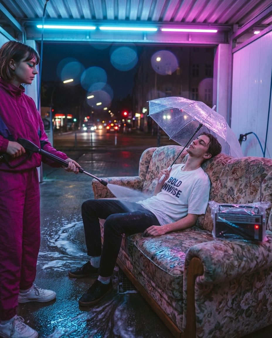 A woman pressure-washes a man sitting on a floral sofa in a car wash at night.