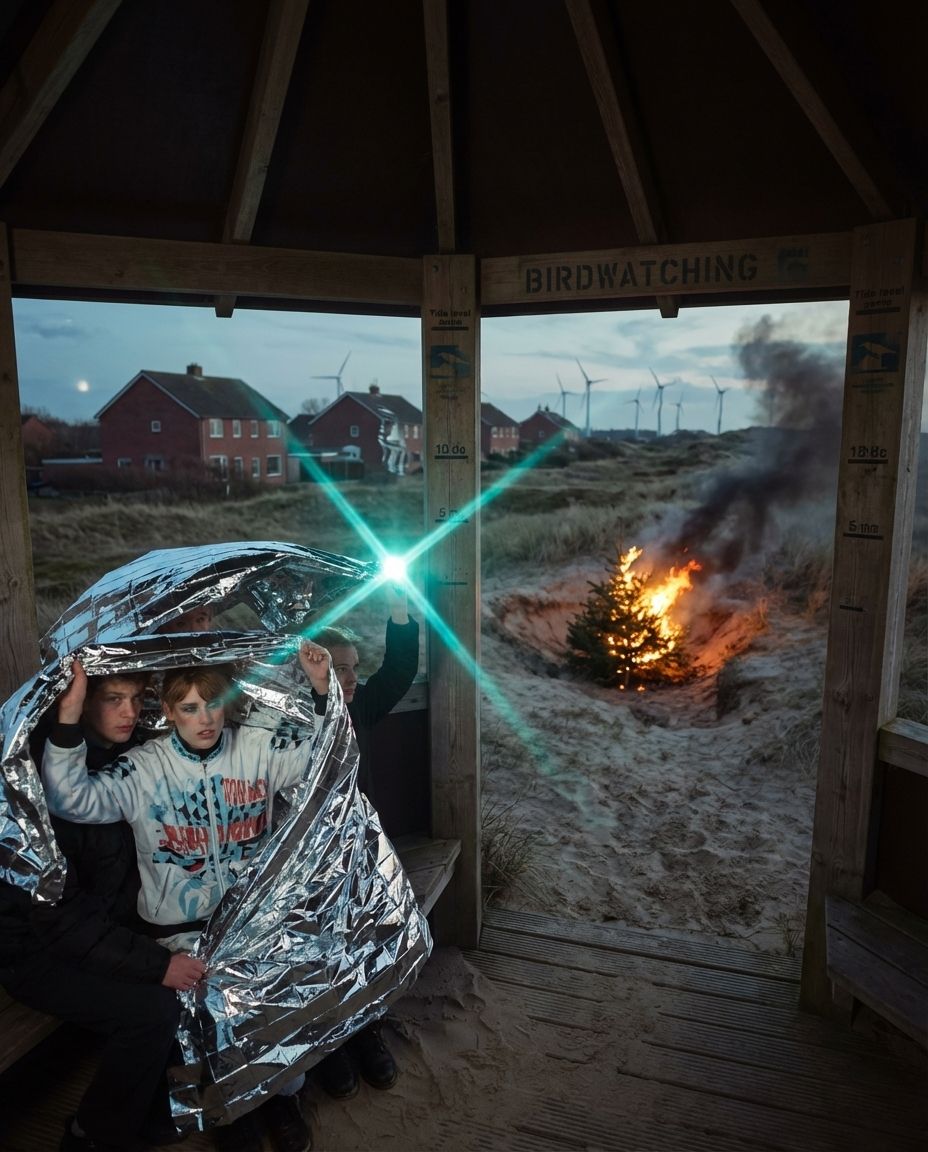 A group under a foil blanket in a dune shelter, a small tree burning in the sand outside.