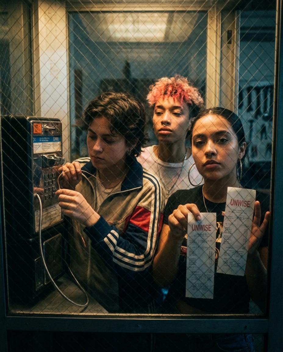 Three young people crowd into a phone booth at night, one threading wire into the keypad.