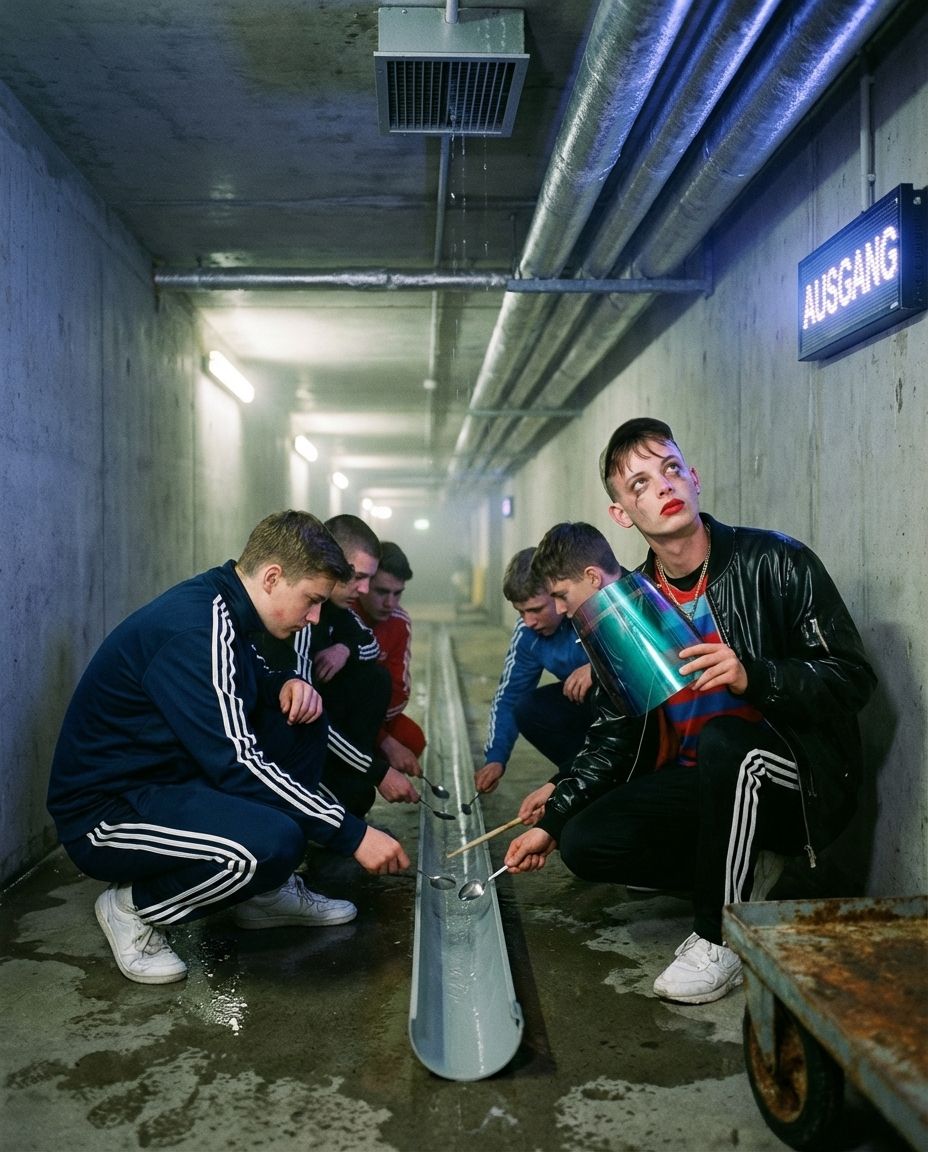 Six young men crouch around a long gutter in a service tunnel, holding spoons.