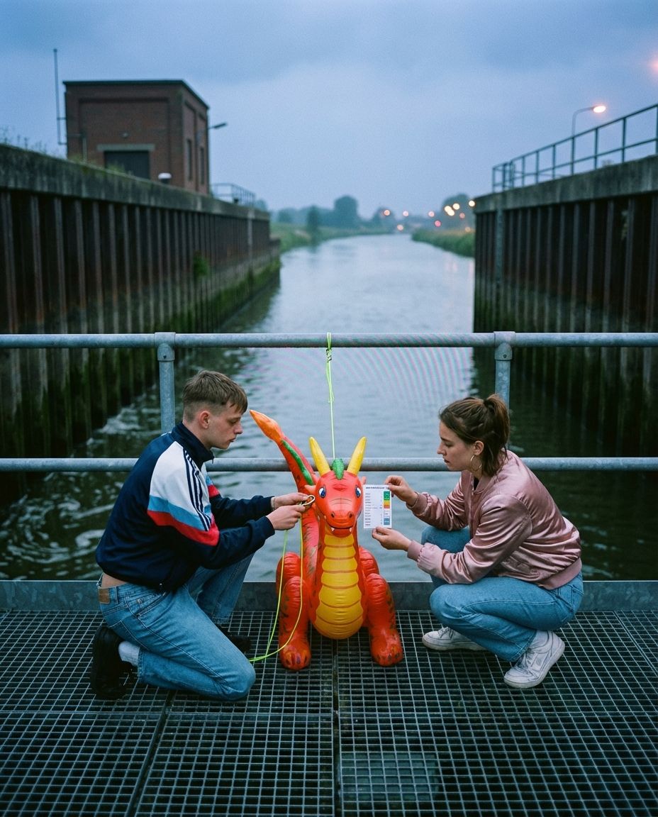 Two people kneel at a canal lock, holding a test strip to an inflatable dragon.