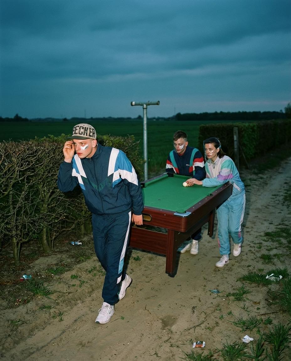 Three young people carry a full-size pool table along a sandy field track at dusk.