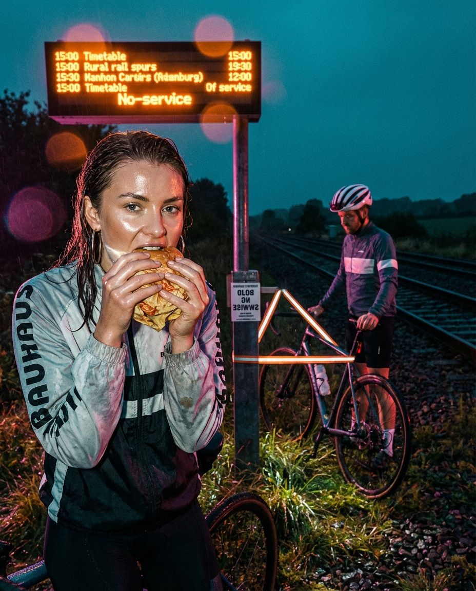 A woman eats a burger in the rain beside a no-service departure board at a rail crossing.