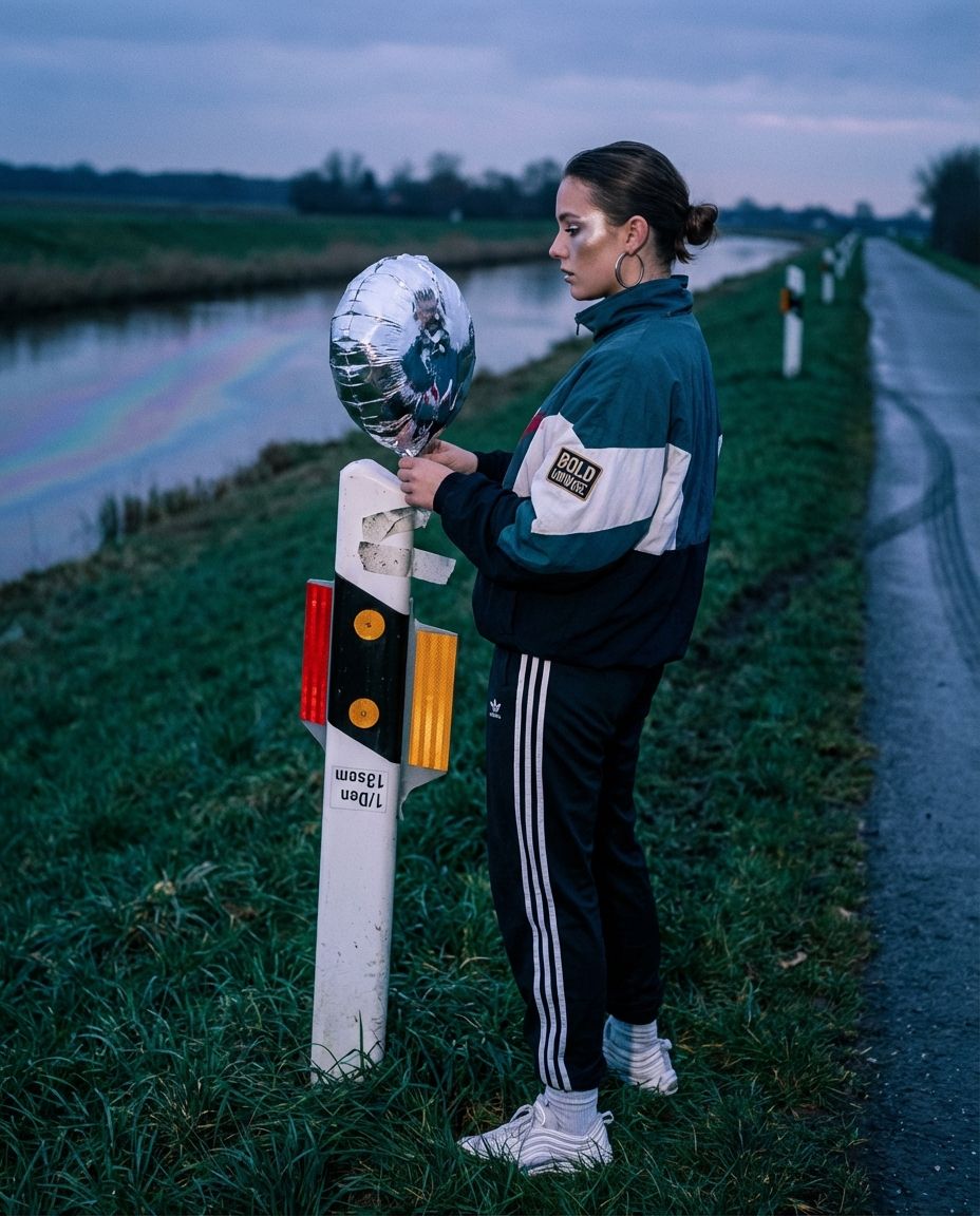 A woman tapes a silver foil balloon to a reflector post beside a canal at dusk.