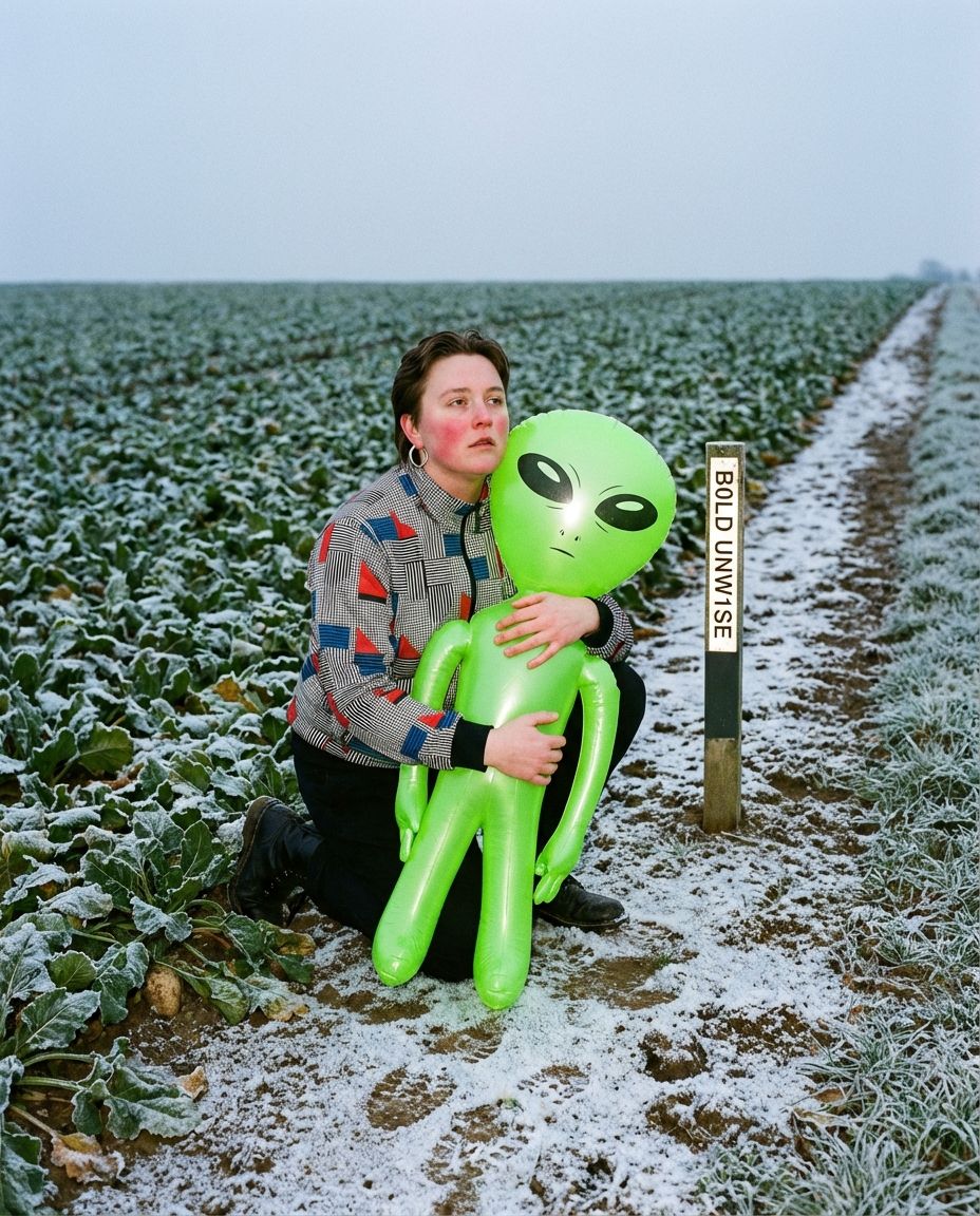 A person kneels in a frosted field, holding an inflatable green alien.