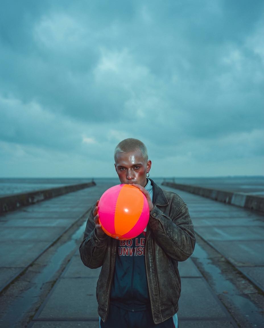 A young man inflates a beach ball at the mouth of a concrete slipway at blue hour.