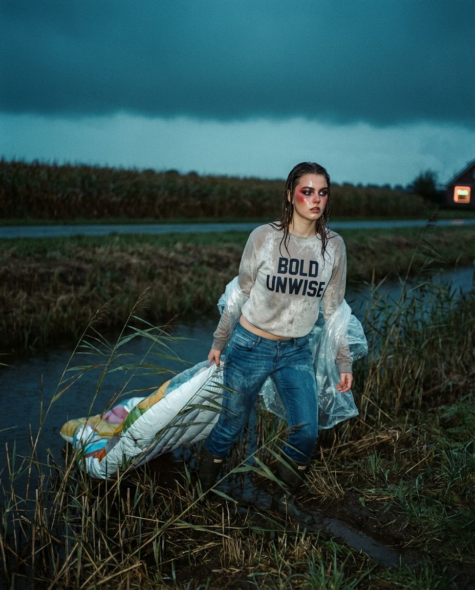 A woman drags a wrapped, deflated inflatable through a flooded ditch in a storm.
