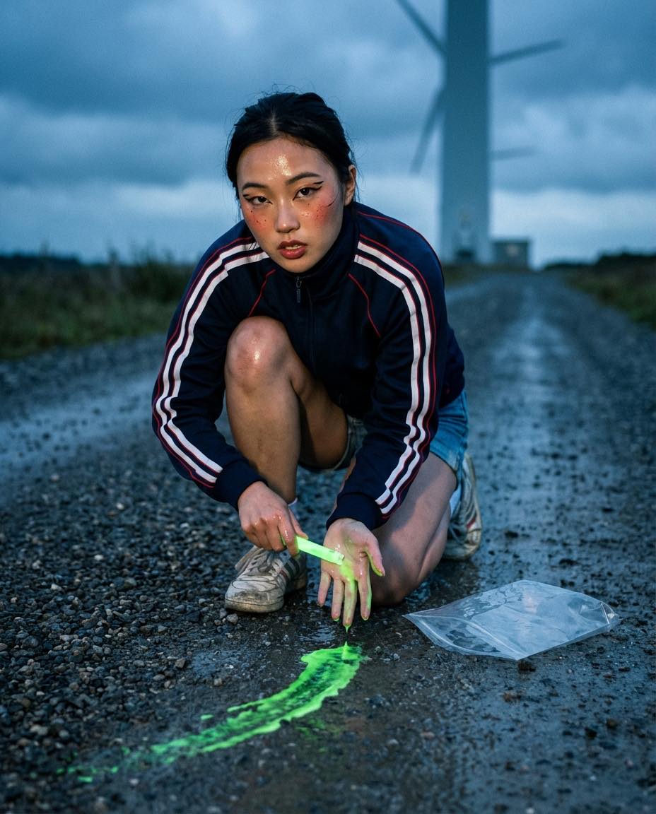 A woman kneels on a gravel track below a wind turbine, drawing a green glow-stick line.