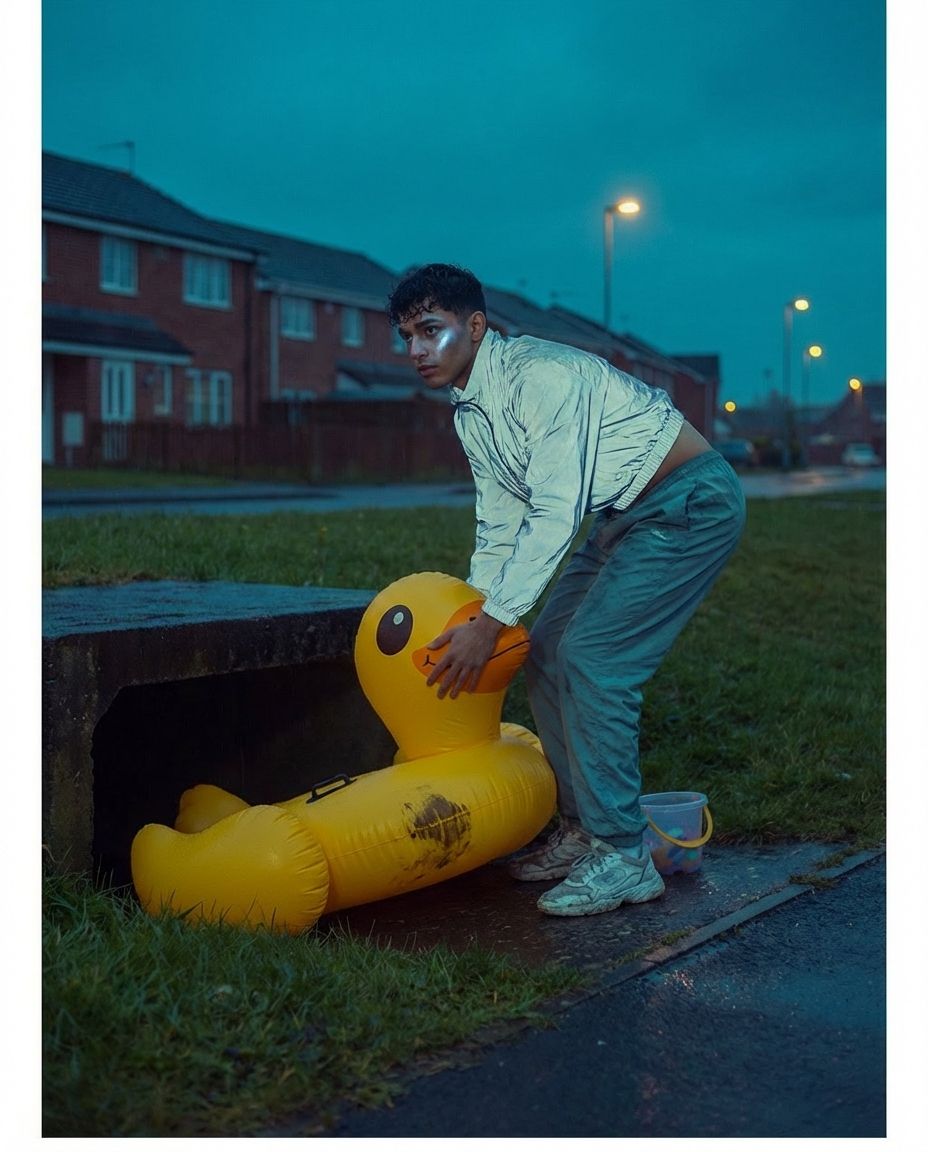 A man pushes a large inflatable duck into a culvert at dusk.