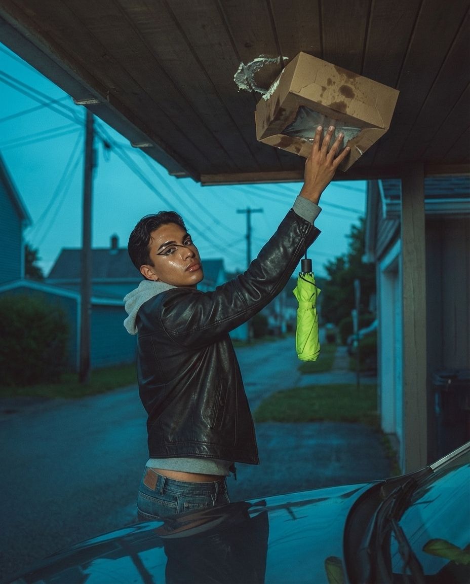 A man presses a soaked cardboard box against a carport roof.