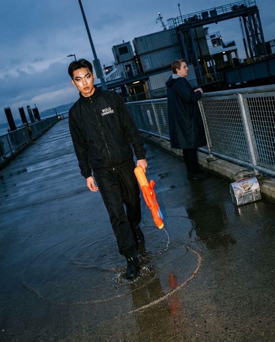 A man crosses a wet pier, drawing a line of water with a toy pistol.
