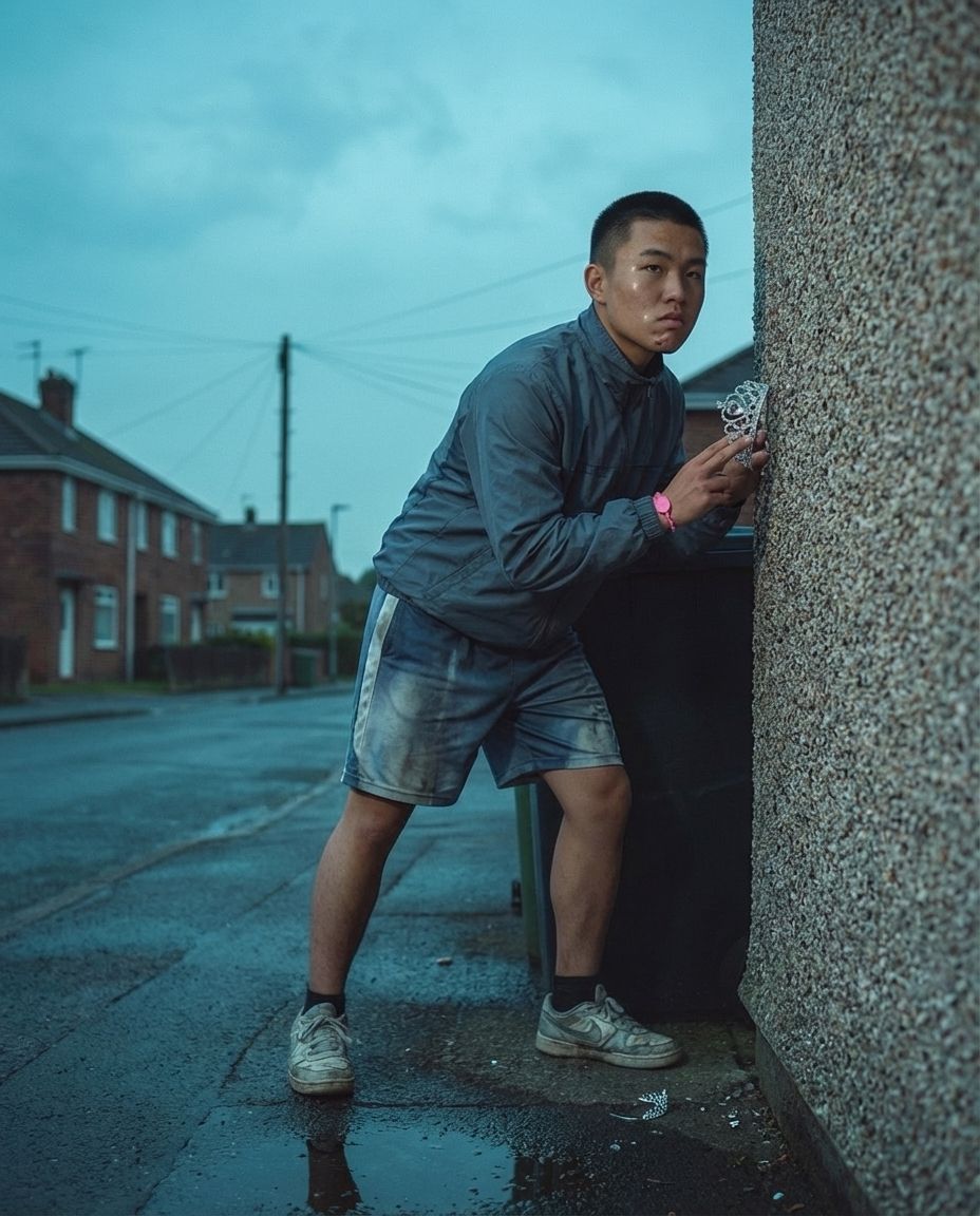 A man hides a tiara behind a wheelie bin at a wet street corner.