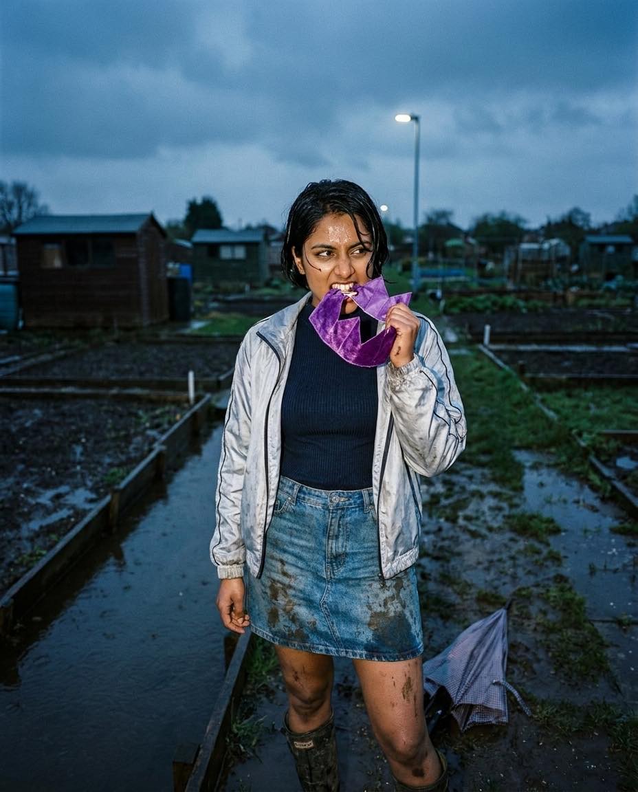 A woman bites a purple paper crown in a rain-soaked allotment garden, boots in the mud.