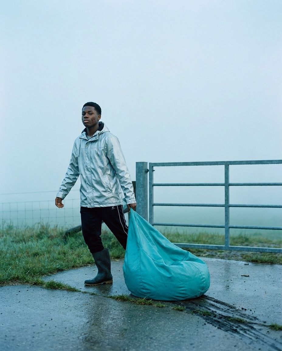 A man with a beanbag stands before a closed farm gate in fog.
