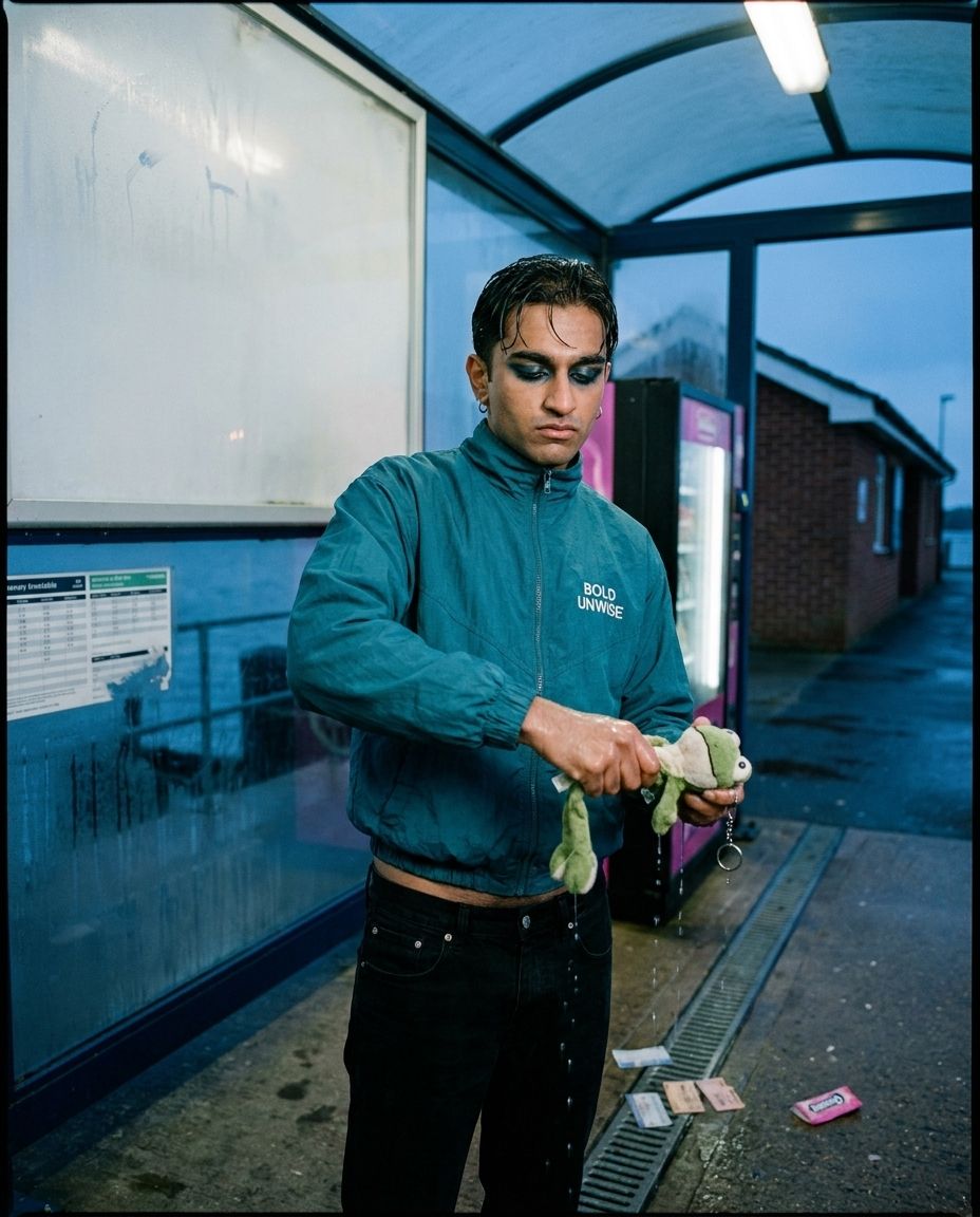 A man wrings out a soaked plush frog at a ferry shelter.