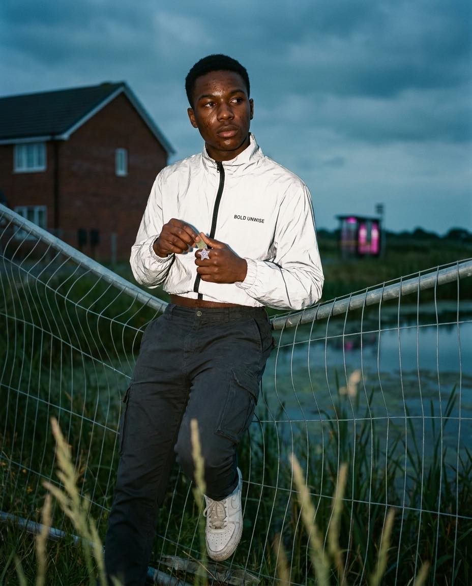 A young man leans back against a collapsed wire fence at a marsh edge, holding a small star sticker.