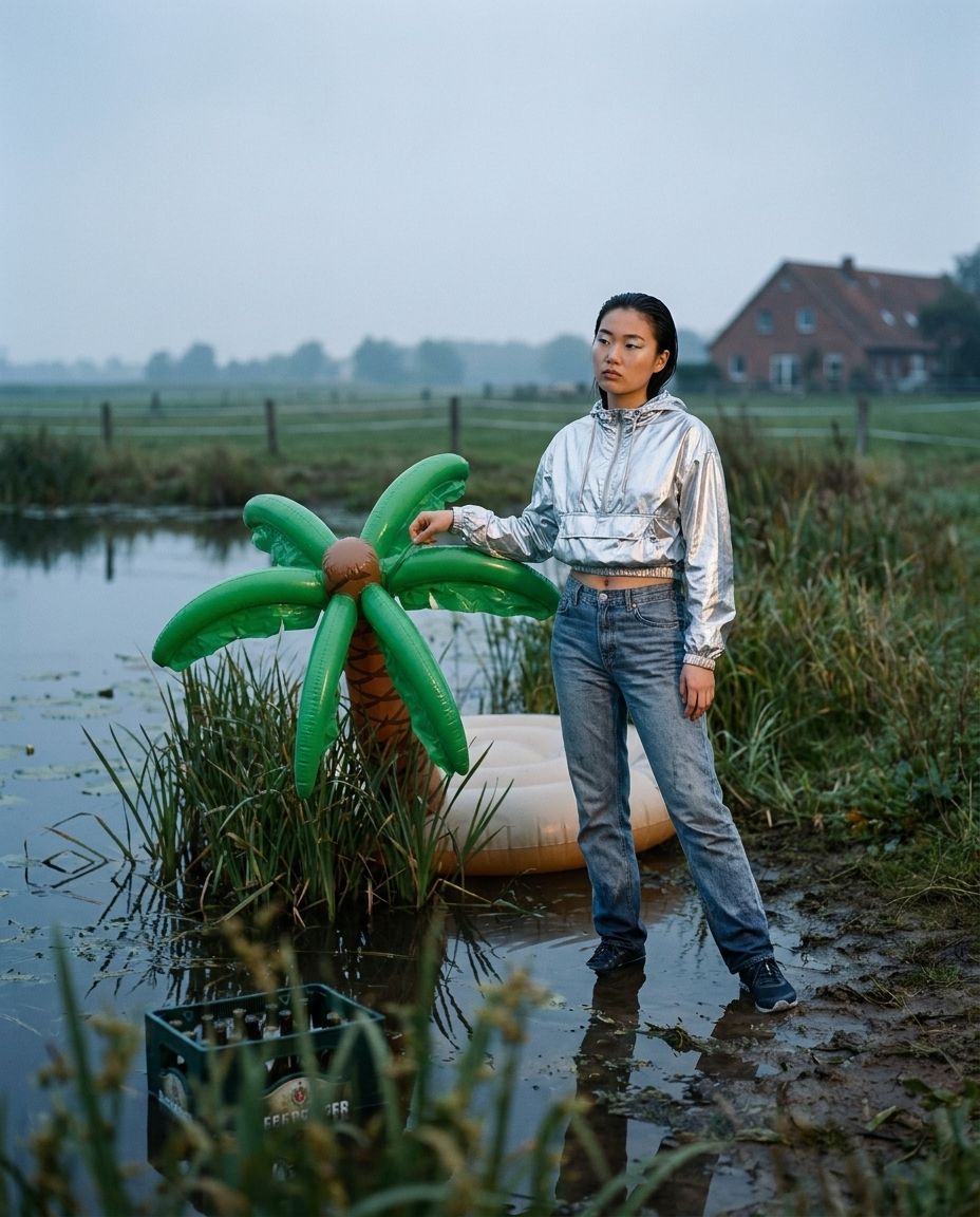 A woman stands at a pond's edge, holding the trunk of an inflatable palm island.