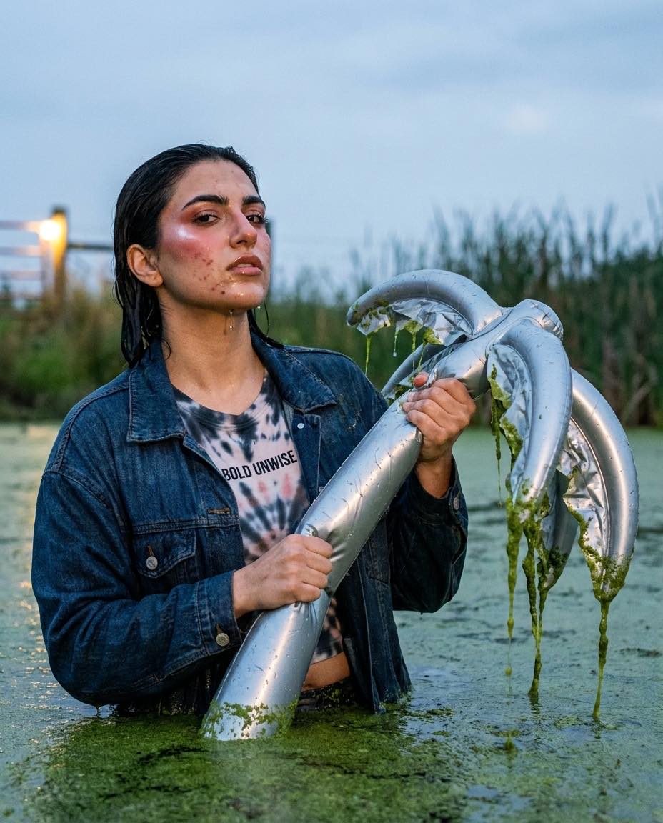 A woman pulls an inflatable silver palm from algae-covered water, wading hip-deep.