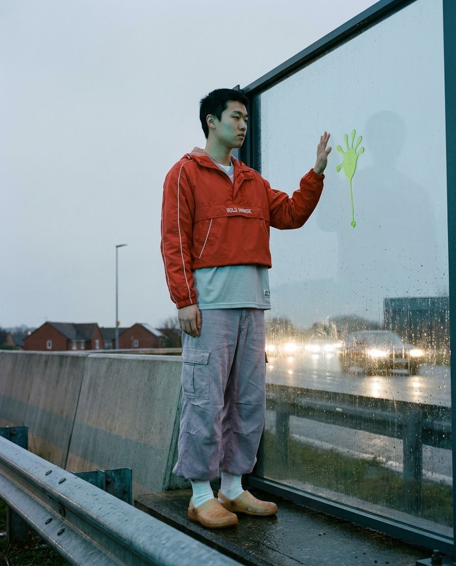 A man raises a hand toward a sticky toy hand stuck on a motorway noise barrier.
